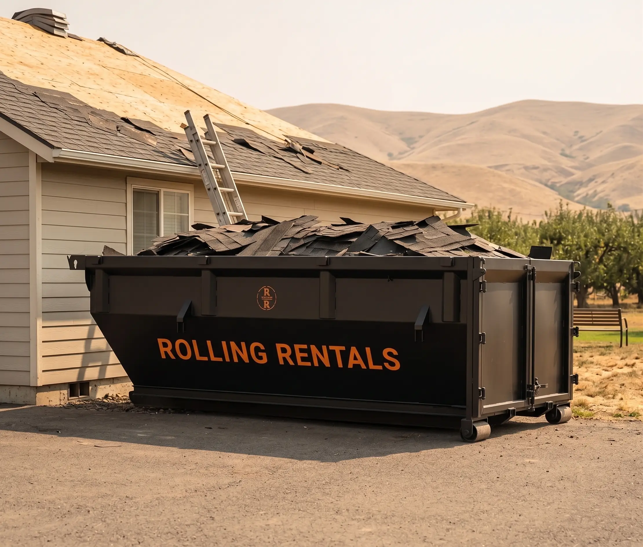 Rolling Rentals dumpster loaded with heavy roofing debris on a job in Chelan County WA