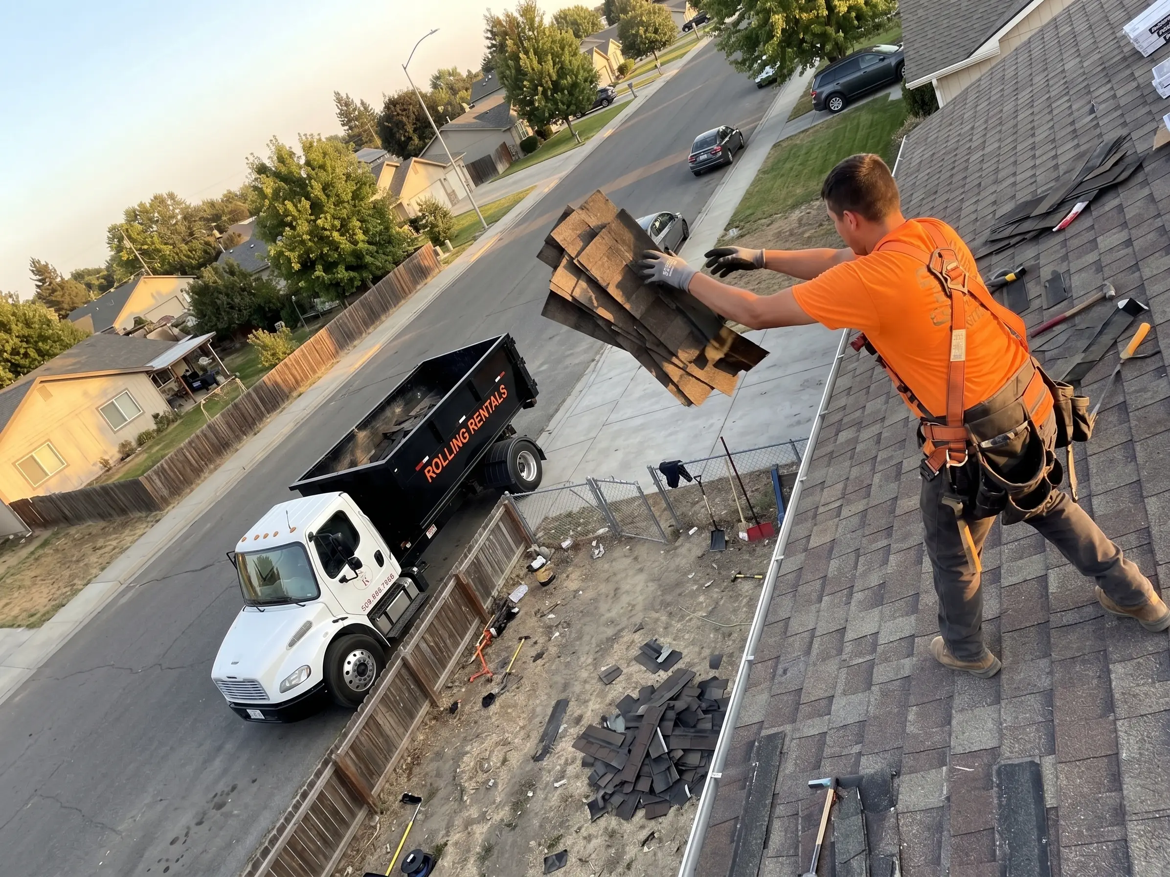 Rolling Rentals dumpster loaded with tear-off roofing debris at a home in Wenatchee WA